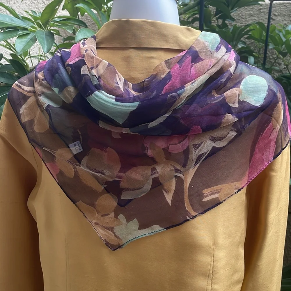 Multicolored Vintage Floral Chiffon Large Scarf